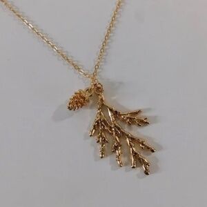 NEW! Gold Pinecone Pine Bough Pendant Necklace Nature Outdoors Trees Evergreen